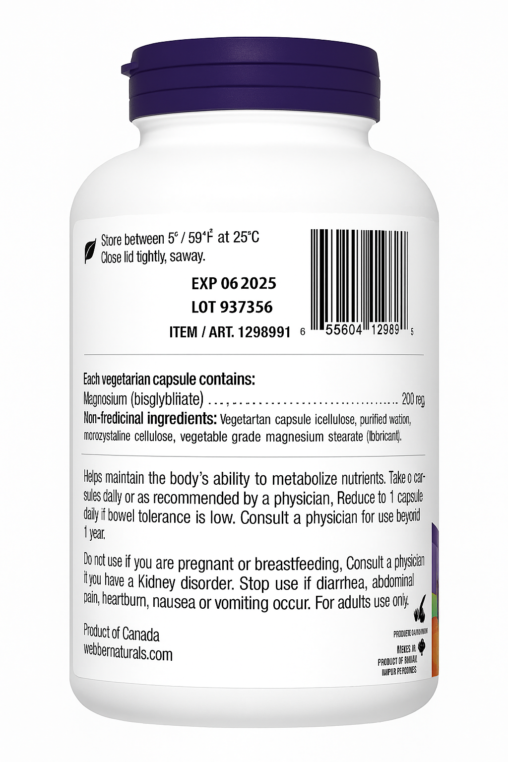 Webber Naturals Magnesium Bisglycinate 200 mg – 300 Vegetarian Capsules